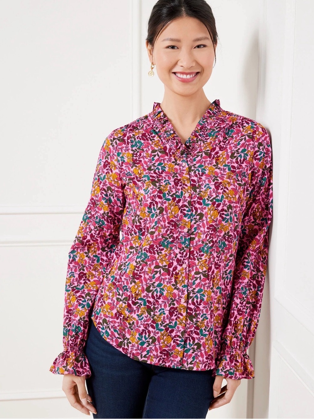 Talbots XL Pink Floral Metallic Stripe Ruffle Neck Blouse Cottagecore